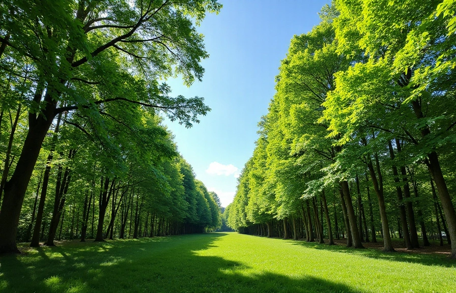 Serene natural landscape with lush green trees and a clear blue sky, symbolizing purity and nature.