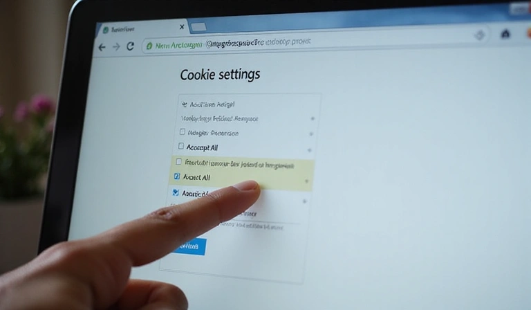 A person's hand interacting with a web browser's cookie settings, showing options to accept or reject cookies