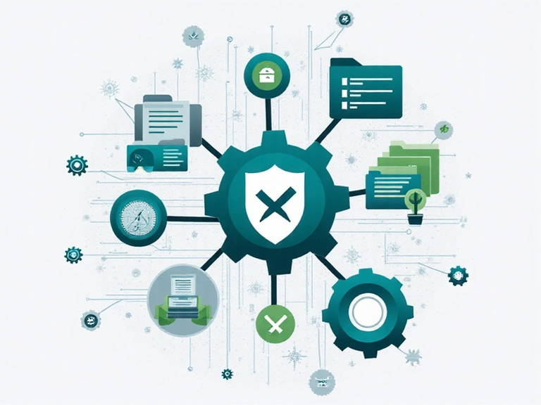Secure data processing illustration with abstract gears and protected documents