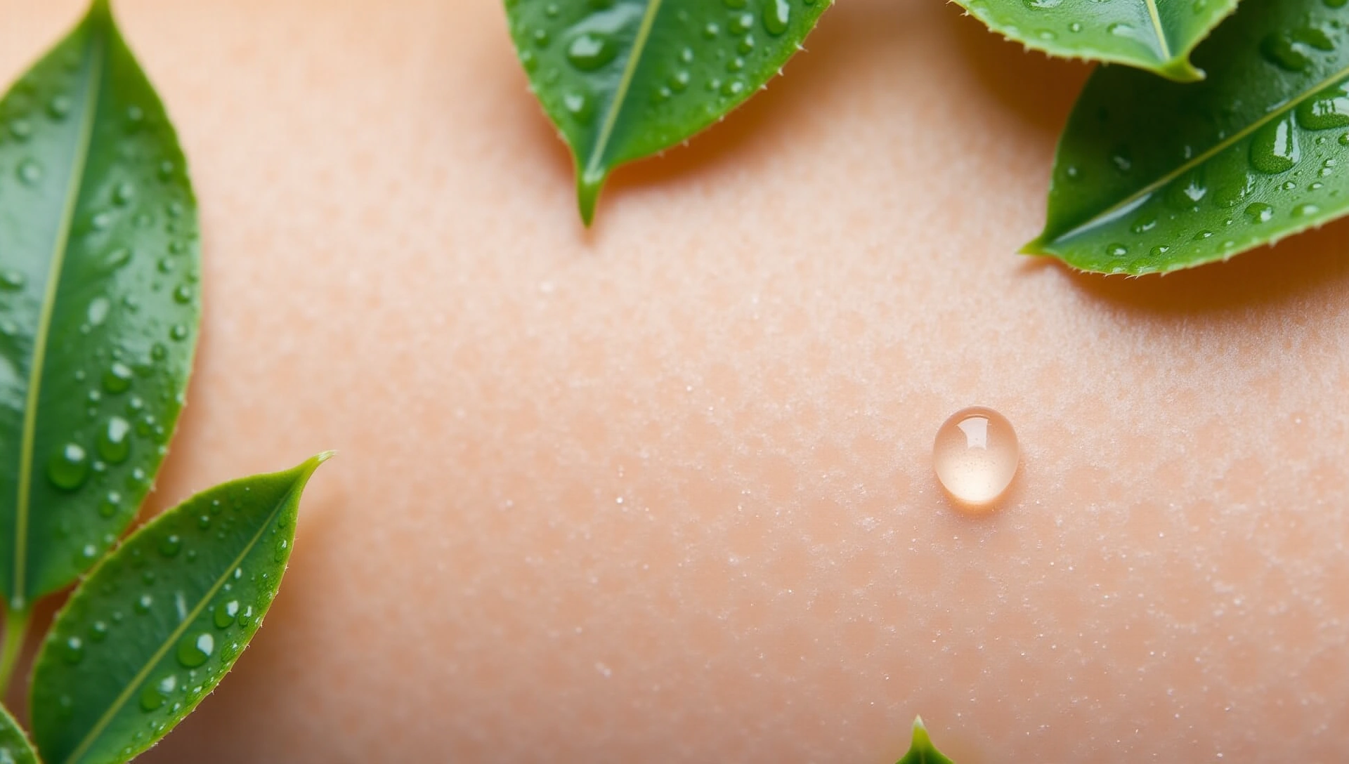 Close-up of fresh, dewy skin with natural botanical elements like leaves and water droplets, suggesting purity and hydration. Soft, diffused lighting enhances the natural glow.